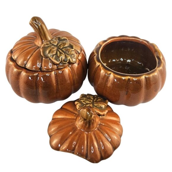 Ceramic Pumpkin Containers Set of 2 Fall  Garden Holiday Decor Halloween Accent - Picture 1 of 6